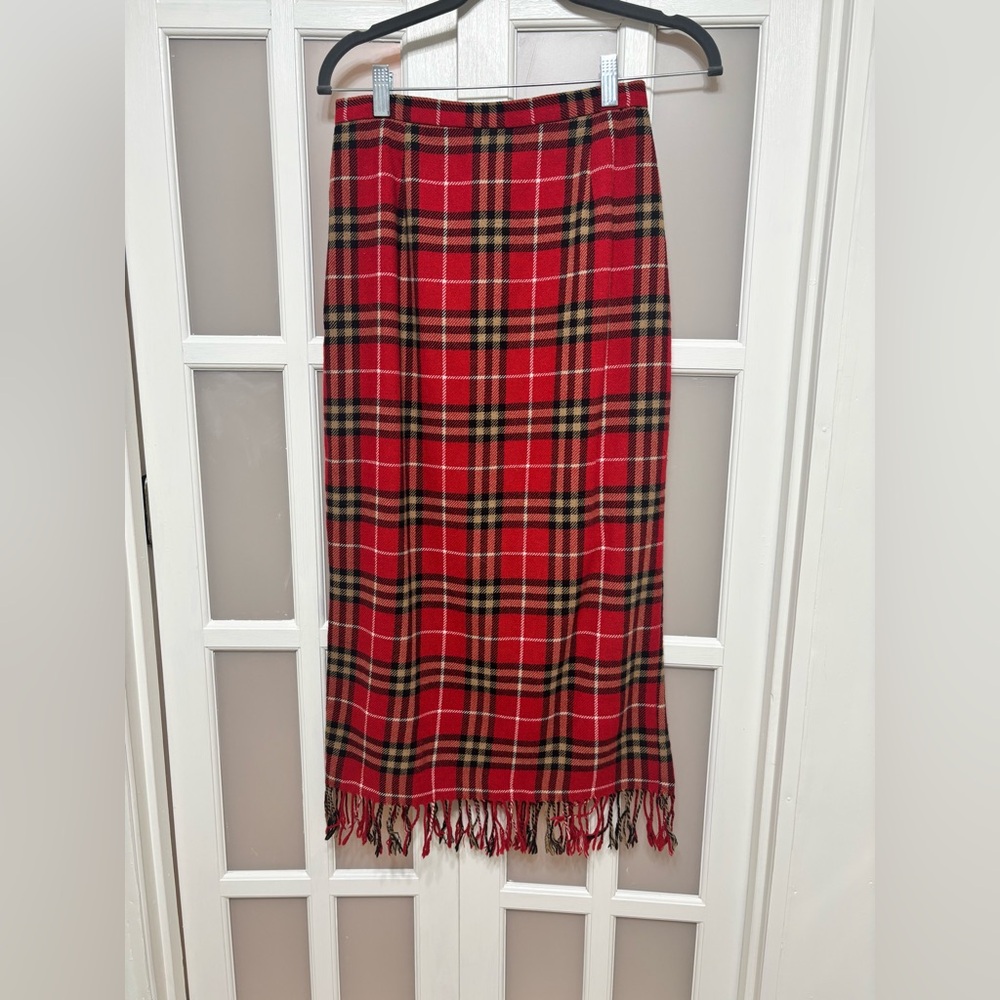 Vintage Wool Plaid Fringe Midi Skirt Red Tartan Zip Button Preppy Classic Small